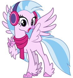 Size: 3000x3200 | Tagged: safe, alternate version, artist:cheezedoodle96, imported from derpibooru, silverstream, classical hippogriff, hippogriff, best gift ever, .svg available, clothes, cute, diastreamies, earmuffs, excited, female, gasp, jewelry, looking at you, necklace, open mouth, peace sign, scarf, simple background, smiling, solo, spread wings, svg, transparent background, vector, wings, winter outfit