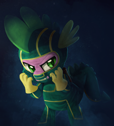 Size: 2000x2215 | Tagged: safe, artist:discorded, imported from derpibooru, spike, dragon, clothes, costume, crossover, eskrima sticks, kick-ass, male, solo, superhero