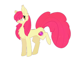 Size: 2500x2000 | Tagged: safe, artist:kriss-studios, artist:krissstudios, imported from derpibooru, apple bloom, earth pony, pony, alternate hairstyle, big tail, cheek fluff, chest fluff, cutie mark, ear fluff, female, filly, fluffy, hair over one eye, looking back, missing accessory, raised leg, simple background, solo, transparent background