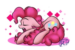 Size: 658x441 | Tagged: safe, artist:flashlighttwi, artist:tylerdashart, imported from derpibooru, pinkie pie, earth pony, pony, abstract background, cute, diapinkes, eyes closed, female, floppy ears, mare, open mouth, signature, sleeping, solo