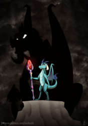 Size: 900x1284 | Tagged: safe, artist:inuhoshi-to-darkpen, imported from derpibooru, dragon lord torch, princess ember, dragon, bloodstone scepter, dragon lord ember, dragoness, female, male, patreon, silhouette, solo focus