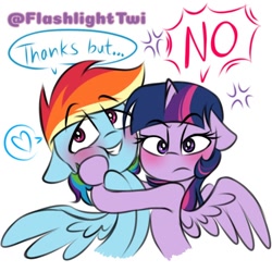 Size: 768x768 | Tagged: safe, artist:flashlighttwi, artist:tylerdashart, imported from derpibooru, rainbow dash, twilight sparkle, alicorn, pegasus, pony, blushing, cute, dashabetes, dialogue, female, floppy ears, heart, hug, lesbian, looking at you, mare, shipping, simple background, smiling, twiabetes, twidash, twilight sparkle (alicorn), white background