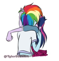 Size: 692x714 | Tagged: safe, artist:tylerdashart, imported from derpibooru, rainbow dash, twilight sparkle, human, equestria girls, clothes, duo, female, hug, kissing, lesbian, shipping, shirt, simple background, skirt, twidash, white background