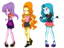 Size: 1024x768 | Tagged: safe, artist:2-lettdodd, imported from derpibooru, adagio dazzle, aria blaze, sonata dusk, equestria girls, rainbow rocks, alternate clothes, alternate costumes, alternate hairstyle, boots, clothes, compression shorts, female, high heel boots, high heels, looking at you, loose hair, miniskirt, shoes, shorts, shrug, simple background, skirt, smiling, the dazzlings, trio, trio female, white background