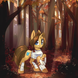 Size: 3617x3617 | Tagged: safe, artist:mirroredsea, imported from derpibooru, oc, oc only, oc:valiant shield, pony, unicorn, armor, crepuscular rays, forest, looking at you, male, solo, stallion, sunlight