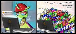 Size: 2000x905 | Tagged: safe, artist:chopsticks, imported from derpibooru, oc, oc only, oc:berzie, changedling, changeling, pony, changedling oc, changeling oc, comic, computer, computer mouse, computer screen, descriptive noise, dialogue, funny, hard hat, horse noises, male, text, tiny, tiny ponies