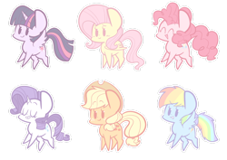 Size: 1280x904 | Tagged: safe, artist:typhwosion, imported from derpibooru, applejack, fluttershy, pinkie pie, rainbow dash, rarity, twilight sparkle, alicorn, earth pony, pegasus, pony, unicorn, chibi, cowboy hat, eyes closed, female, hat, mane six, mare, outline, simple background, smiling, transparent background, twilight sparkle (alicorn)