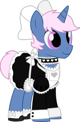 Size: 2069x3144 | Tagged: safe, artist:evilfrenzy, deleted from derpibooru, edit, editor:feathertrap, imported from derpibooru, vector edit, oc, oc only, oc:azure/sapphire, pony, unicorn, 1000 hours in gimp, bow, choker, clothes, crossdressing, dress, hair bow, maid, simple background, solo, transparent background, vector