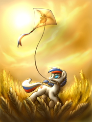 Size: 900x1200 | Tagged: safe, artist:cyrilunicorn, imported from derpibooru, oc, oc only, oc:marussia, earth pony, pony, female, field, food, kite, kite flying, mare, mouth hold, nation ponies, running, russia, solo, wheat