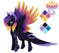 Size: 943x848 | Tagged: safe, artist:minelvi, imported from derpibooru, oc, oc only, oc:blooming lotus, pegasus, pony, color palette, colored wings, female, gradient mane, gradient wings, mare, reference sheet, simple background, solo, spread wings, tail feathers, transparent background, wings