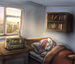 Size: 1400x1200 | Tagged: safe, artist:cyrilunicorn, imported from derpibooru, oc, oc only, oc:marussia, earth pony, pony, bed, book, bookshelf, female, mare, nation ponies, radio, russia, sleeping, solo, soviet union, window