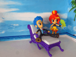 Size: 640x480 | Tagged: safe, artist:whatthehell!?, imported from derpibooru, adagio dazzle, flash sentry, sunset shimmer, equestria girls, animated, beach, boots, chair, clothes, doll, dress, equestria girls minis, falling, gif, jewelry, meme, ocean, ponied up, prank, sandals, sarong, shoes, stop motion, swimsuit, toy, waifu thief, you are grounded grounded grounded