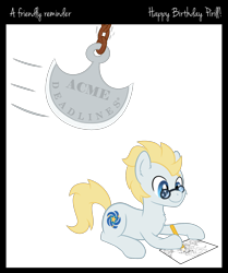 Size: 1800x2150 | Tagged: safe, artist:djdavid98, artist:pirill, imported from derpibooru, oc, oc only, oc:star farer, earth pony, pony, acme, birthday gift, border, chains, deadline, drawing, glasses, happy birthday, impending doom, lying down, pencil, pendulum axe, rust, simple background, solo, text, transparent background