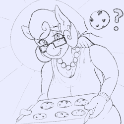 Size: 1000x1000 | Tagged: safe, artist:banbanji, imported from derpibooru, posey shy, anthro, baking sheet, breasts, busty posey shy, cleavage, clothes, cookie, dress, ear piercing, earring, explicit source, female, food, glasses, jewelry, looking at you, milf, monochrome, necklace, oven mitts, pearl necklace, piercing, question mark, smiling, solo