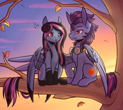 Size: 1024x911 | Tagged: safe, artist:ak4neh, imported from derpibooru, oc, oc only, oc:alpha jet, oc:lost, pegasus, pony, autumn, autumn leaves, female, headphones, hug, leaves, male, mare, music notes, scenery, shipping, singing, sitting, sitting in a tree, stallion, straight, tree, tree branch, winghug