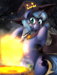 Size: 3000x4000 | Tagged: safe, artist:blackligerth, imported from derpibooru, princess luna, pony, cauldron, female, glasses, hat, magic, s1 luna, solo, wand, witch, witch hat