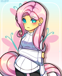 Size: 900x1100 | Tagged: safe, artist:miruukiiart, imported from derpibooru, fluttershy, equestria girls, clothes, ear piercing, earring, female, hand on arm, jewelry, looking at you, no pupils, piercing, solo, sweater