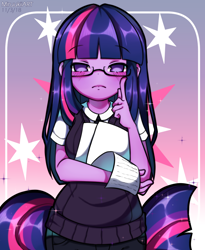 Size: 900x1100 | Tagged: safe, artist:miruukiiart, imported from derpibooru, twilight sparkle, equestria girls, clothes, female, glasses, looking at you, paper, solo, sweater