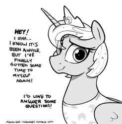 Size: 759x772 | Tagged: safe, artist:selenophile, imported from derpibooru, princess luna, alicorn, pony, alternate hair color, alternate hairstyle, black and white, dialogue, female, grayscale, looking at you, mare, monochrome, moonlight inquiries, short mane, solo, text, white hair