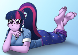 Size: 1280x905 | Tagged: safe, artist:cyborg-steve, imported from derpibooru, sci-twi, twilight sparkle, equestria girls, barefoot, big feet, blushing, clothes, commission, cute, feet, female, glasses, hand on chin, looking at you, pajamas, pants, ponytail, sleepwear, smiling, soles, solo, toes, twiabetes, wiggling toes