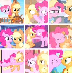 Size: 740x752 | Tagged: safe, edit, edited screencap, editor:lisaloudleijon, imported from derpibooru, screencap, applejack, pinkie pie, best gift ever, fame and misfortune, hearthbreakers, pinkie apple pie, ppov, scare master, applepie, boop, collage, cropped, cute, duo, face grab, female, flawless, lesbian, moodboard, noseboop, shipping, shipping fuel