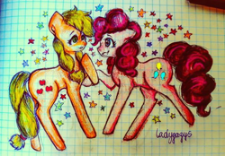 Size: 540x376 | Tagged: safe, artist:ladygagys, imported from derpibooru, applejack, pinkie pie, applepie, female, graph paper, lesbian, love, shipping, traditional art