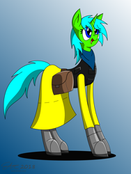 Size: 1500x2000 | Tagged: safe, artist:derpanater, imported from derpibooru, oc, oc only, oc:live "derp" bait, pony, unicorn, fallout equestria, armor, clothes, female, gradient background, radiation suit, rule 63, saddle bag, scarf, solo