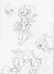 Size: 2416x3311 | Tagged: safe, artist:dilarus, deleted from derpibooru, imported from derpibooru, fluttershy, rainbow dash, pegasus, pony, dialogue, female, flutterdash, kissing, lesbian, monochrome, shipping, simple background, smol, smoldash, tallershy, traditional art, white background