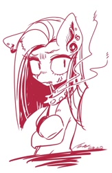 Size: 750x1150 | Tagged: safe, artist:bbtasu, imported from derpibooru, pinkie pie, earth pony, pony, collar, ear piercing, earring, female, jewelry, mare, monochrome, piercing, pinkamena diane pie, smoking, solo