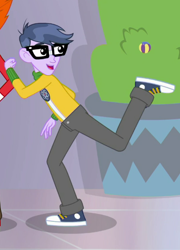 Size: 402x558 | Tagged: safe, imported from derpibooru, screencap, heath burns, microchips, a fine line, equestria girls, equestria girls series, clothes, converse, cropped, glasses, leg in air, male, pants, shoes, smiling, sneakers, solo focus