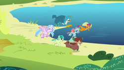 Size: 1280x720 | Tagged: safe, imported from derpibooru, screencap, gallus, ocellus, sandbar, silverstream, smolder, yona, changedling, changeling, classical hippogriff, dragon, earth pony, griffon, hippogriff, pony, yak, school daze, beach, bow, cloven hooves, colored hooves, dragoness, female, flying, hair bow, jewelry, male, monkey swings, necklace, student six, teenager, wings