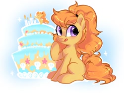 Size: 1400x1050 | Tagged: safe, artist:colorfulcolor233, artist:oofycolorful, imported from derpibooru, oc, oc only, earth pony, pony, blank flank, cake, candle, chest fluff, female, food, looking back, mare, ponytail, simple background, solo, tongue out