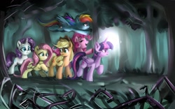 Size: 1280x800 | Tagged: safe, artist:colorfulcolor233, artist:oofycolorful, imported from derpibooru, applejack, fluttershy, pinkie pie, rainbow dash, rarity, twilight sparkle, alicorn, earth pony, pegasus, pony, unicorn, princess twilight sparkle (episode), everfree forest, female, forest, mane six, mare, twilight sparkle (alicorn)