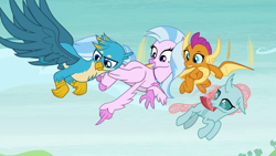 Size: 1280x720 | Tagged: safe, imported from derpibooru, screencap, gallus, ocellus, silverstream, smolder, changedling, changeling, classical hippogriff, dragon, griffon, hippogriff, school daze, chest fluff, claws, dragoness, female, flying, looking down, male, pointing, wings