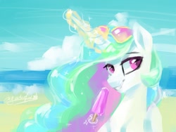 Size: 1024x768 | Tagged: safe, artist:colorfulcolor233, artist:oofycolorful, imported from derpibooru, princess celestia, alicorn, pony, beach, female, food, glasses, ice cream, magic, mare, popsicle, solo, telekinesis