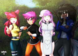 Size: 5000x3571 | Tagged: safe, artist:danmakuman, imported from derpibooru, apple bloom, scootaloo, sweetie belle, oc, oc:midnight radiance (sixpathspony), human, absurd resolution, anime, clothes, commission, cosplay, costume, crossover, cutie mark crusaders, female, humanized, humanized oc, kunoichi, naruto, ninja, one eye closed, open mouth, pants, shuriken, smiling, wink