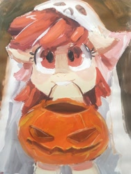 Size: 1536x2048 | Tagged: safe, artist:colorfulcolor233, artist:oofycolorful, imported from derpibooru, apple bloom, earth pony, ghost, pony, female, filly, halloween, holiday, pumpkin bucket, solo, traditional art