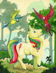 Size: 784x1019 | Tagged: safe, artist:calzephyr, imported from derpibooru, mimic (g1), bird, blue-and-yellow macaw, macaw, parrot, pony, scarlet macaw, twinkle eyed pony, unicorn, animal, bow, female, flying, g1, mare, solo, spread wings, tail bow, traditional art, wings