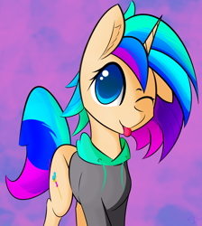 Size: 1848x2067 | Tagged: safe, artist:creepypastapon3, imported from derpibooru, oc, oc only, oc:fuchsia, pony, unicorn, abstract background, clothes, colored pupils, hoodie, looking at you, one eye closed, smiling, solo, tongue out