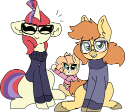 Size: 927x835 | Tagged: safe, artist:nootaz, imported from derpibooru, moondancer, oc, oc:dee twenty, oc:honey snaps, earth pony, pony, unicorn, canon x oc, clothes, female, filly, floppy ears, freckles, glasses, horn, looking at you, mare, simple background, smiling, sweat, sweatdrop, sweater, transparent background, turtleneck, waving