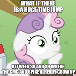 Size: 500x500 | Tagged: safe, edit, edited screencap, imported from derpibooru, screencap, sweetie belle, pony, ponyville confidential, cropped, exploitable, exploitable meme, female, hilarious in hindsight, image macro, meme, obligatory pony, solo, sudden clarity sweetie belle, text