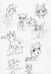 Size: 2317x3373 | Tagged: safe, artist:dilarus, deleted from derpibooru, imported from derpibooru, applejack, oc, earth pony, pony, unicorn, comic:the many faces of twilight sparkle, dialogue, fork, holes, monochrome, not salmon, onomatopoeia, question mark, simple background, traditional art, vulgar, wat, white background