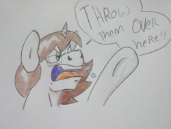 Size: 1004x753 | Tagged: safe, artist:paper view of butts, imported from derpibooru, oc, oc:paper butt, pony, unicorn, colored, comic, comic strip, dialogue, glasses, horn, male, stallion, traditional art