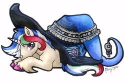 Size: 2048x1369 | Tagged: safe, artist:khimera, imported from derpibooru, oc, oc only, oc:mirage, pony, unicorn, commission, female, gray coat, hat, mare, multicolored hair, purple eyes, solo, witch hat