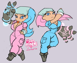 Size: 917x749 | Tagged: safe, artist:moronsonofboron, imported from derpibooru, aloe, lotus blossom, human, breasts, cleavage, duo, gauntlet, gray background, humanized, major miners, simple background, spa twins, tongue out, twins