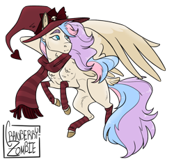 Size: 1138x1056 | Tagged: safe, artist:cranberry--zombie, imported from derpibooru, oc, oc only, oc:hickety pickety, pegasus, pony, clothes, female, hat, magical lesbian spawn, mare, offspring, parent:fluttershy, parent:rainbow dash, parents:flutterdash, scarf, simple background, socks, solo, striped socks, transparent background, witch hat