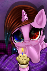 Size: 3360x5120 | Tagged: safe, artist:darksly, imported from derpibooru, oc, oc only, oc:moonlight sonata, alicorn, pony, alicorn oc, candle, cupcake, dessert, female, fire, food, heterochromia, multicolored iris, solo