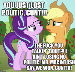 Size: 707x671 | Tagged: safe, deleted from derpibooru, edit, edited screencap, imported from derpibooru, screencap, applejack, starlight glimmer, earth pony, pony, unicorn, no second prances, 2018 usa midterm elections, apple tree, comment war, cowboy hat, cropped, cunt, discussion in the comments, downvote bait, duo, female, grammar error, hat, image macro, joke, mare, meme, op is a duck, op is trying to start shit, parody, politics, tree, vulgar