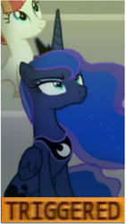 Size: 292x516 | Tagged: safe, edit, edited screencap, imported from derpibooru, screencap, princess luna, pony, horse play, season 8, angry, cropped, meme, solo focus, sun, text, triggered