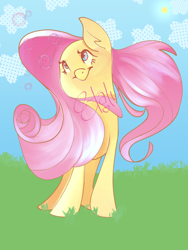 Size: 600x800 | Tagged: safe, artist:etalu, imported from derpibooru, fluttershy, pegasus, pony, bubble, cute, female, looking at something, looking up, mare, outdoors, shyabetes, signature, smiling, solo, standing